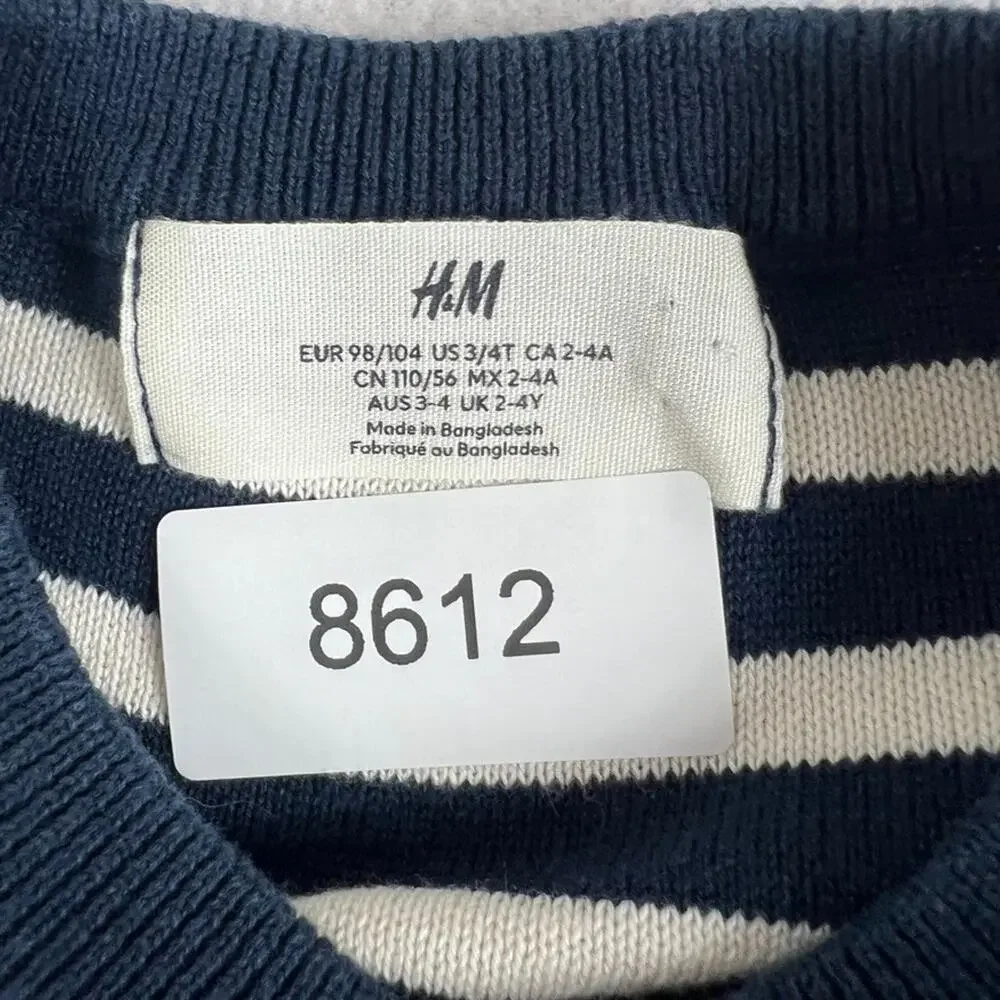 H&M Sweater Kids 3/4T Striped Navy Blue & White 100% Cotton Crewneck Knit